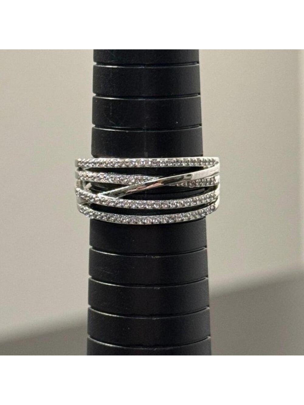 Silver Toned Multi-Row Criss Cross CZ Ring - size 8.5